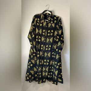 Step In Style Black Yellow Patterned Midi  High low Dress Long Sleeve Sz XL chic